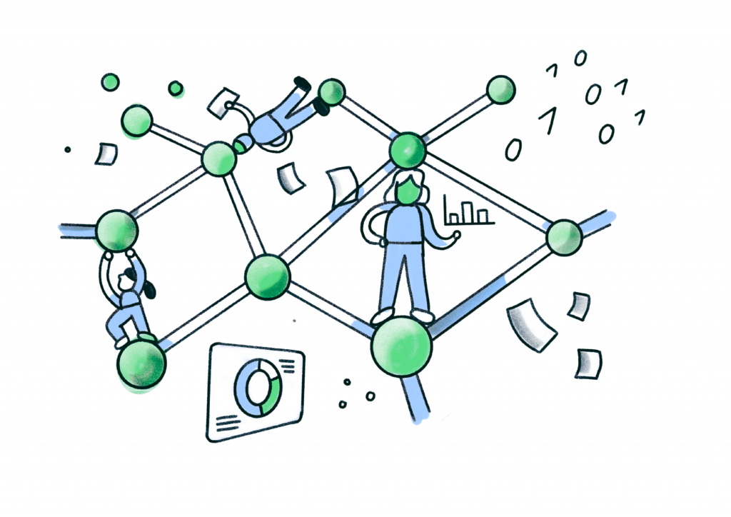 Illustration of nodes connected by people as well as lines